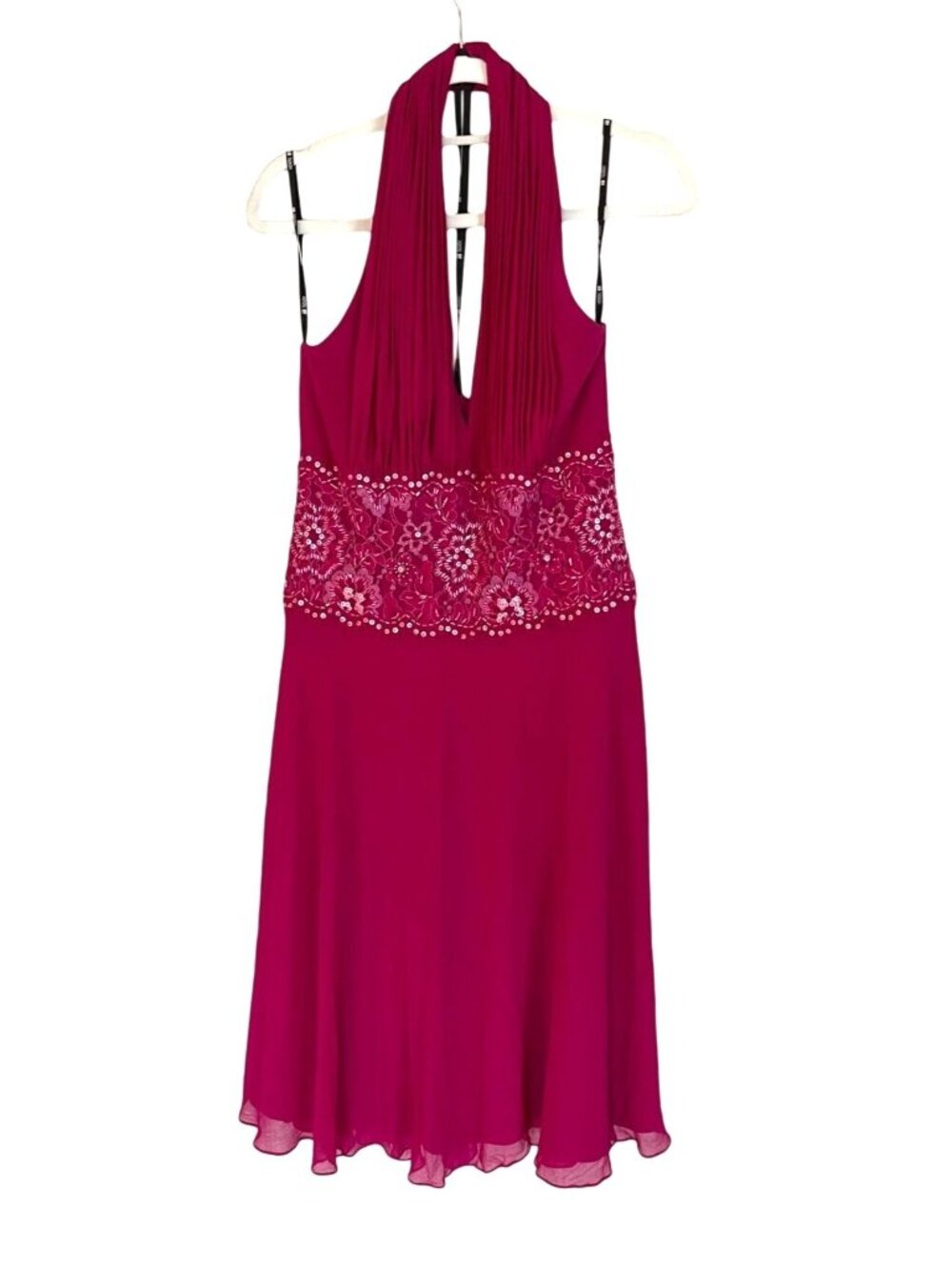 Tadashi Shoji Collection Pink Silk Halter Dress Beaded Sequin Lace Lined Fuchsia - Picture 2 of 7